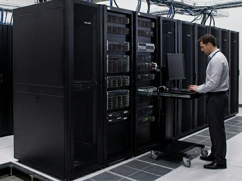 Technician working beside server racks in a data centre for managed colocation support