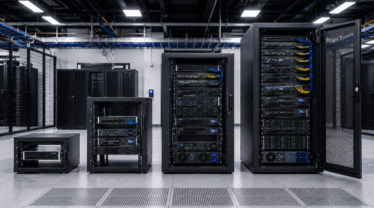 Different colocation rack sizes showing single server, quarter rack, half rack, and full rack setups in a modern data centre