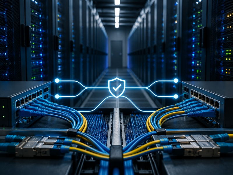 Redundant network connections, fibre routes, and routing equipment inside a colocation data centre