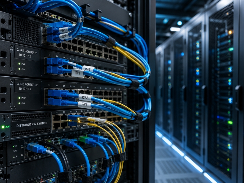 Redundant core routers, multiple ISP connections, network switches, and structured cabling inside a data centre